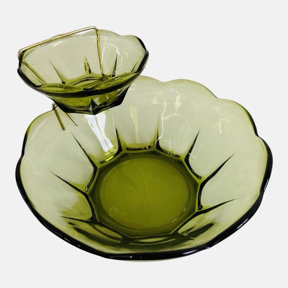 Vintage Anchor Hocking MCM Swedish Modern 3 pc Chip & Dip Set Avocado Green